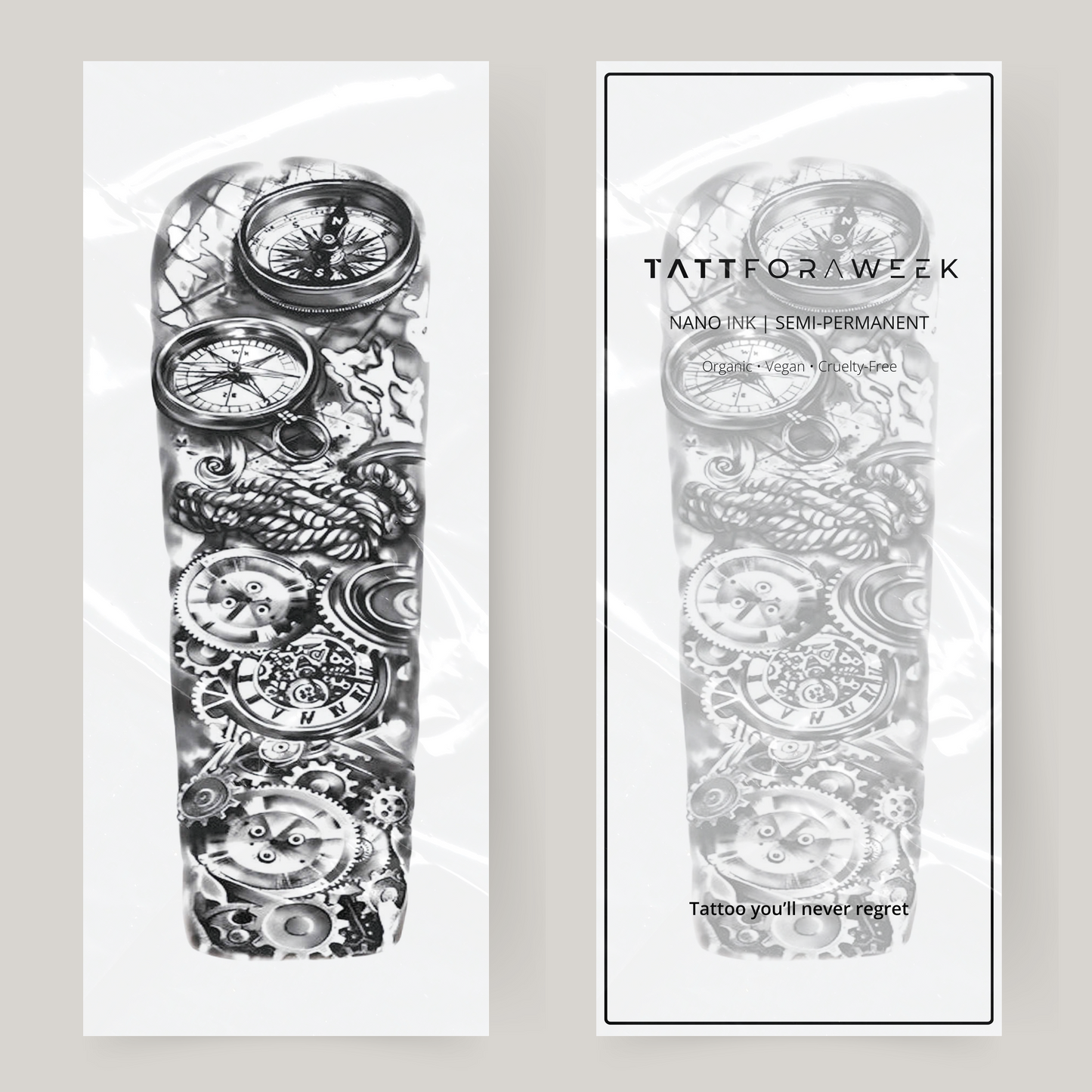 Nep tattoo sleeve kompas en klokken